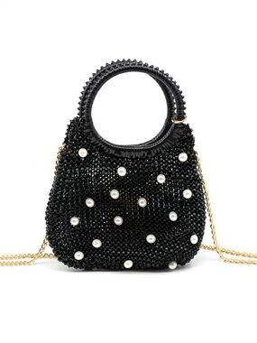 BC BAGS Black Beaded Pearl Evening Bag Statement Handle Gold Chain Crossbody